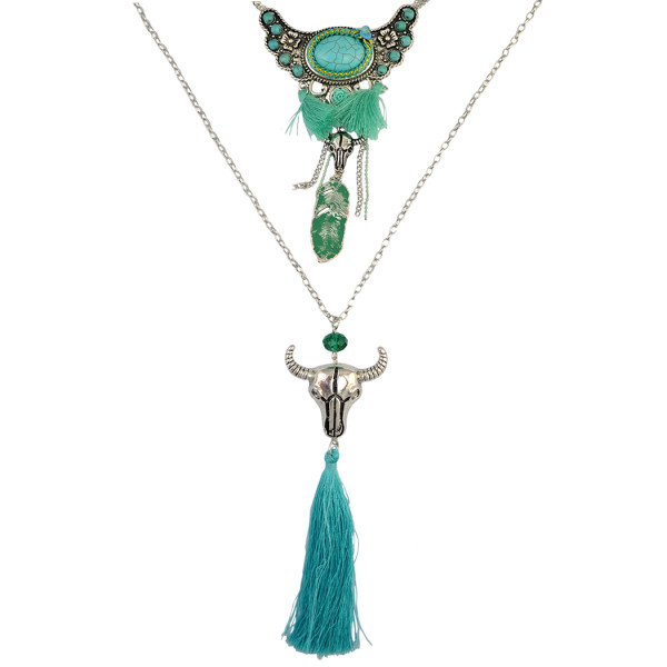 N-6315 Bohemian Multilayers Chain Beaded Natural Turquoise bull shape  pendant long green cloth Tassel Necklaces Women Jewelry