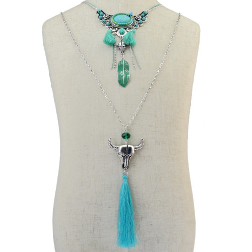 N-6315 Bohemian Multilayers Chain Beaded Natural Turquoise bull shape  pendant long green cloth Tassel Necklaces Women Jewelry