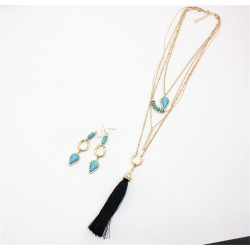 N-6319 Bohemian Multilayers Chain Pendant Long Tassel Turquoise Rhinestone 4 Layers Necklace Earring Drop Dangle Earrings Jewelry Set