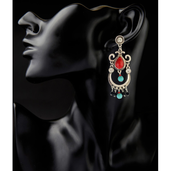 E-3821 bohemian vintage silver plated turquoise beads drop shape Dangle Earrings for women jewelry
