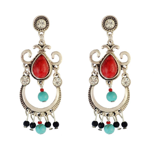 E-3821 bohemian vintage silver plated turquoise beads drop shape Dangle Earrings for women jewelry