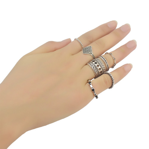 R-1370 7Pcs/set Bohemian Fashion Bronze&Silver plated  Finger Ring Resin Bead Kncukle Rings For Women  Jewelry