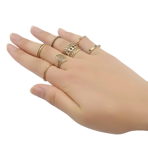 R-1370 7Pcs/set Bohemian Fashion Bronze&Silver plated  Finger Ring Resin Bead Kncukle Rings For Women  Jewelry