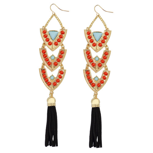 E-3830 Exaggerated Big Long Gold Plated Earring Resin Beads Leather Rope Chain Tassel Drop Earrings 3 Colors