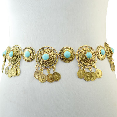 N-6266 * Bohemian  Summer Beach Carved Flower Tribal Gypsy Silver Plated Alloy Coin Tassel Waist Chain Beads Natural Turquoise Belly Body Chain