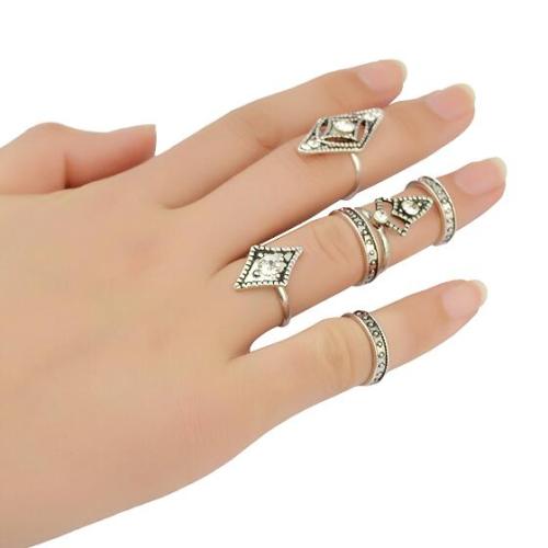 R-1380 Bohemian Gypsy Vintage Silver Joint Knuckle Nail Midi Ring Loop Diamond Rhinestone Ring Set of 6 Rings 3 Colors