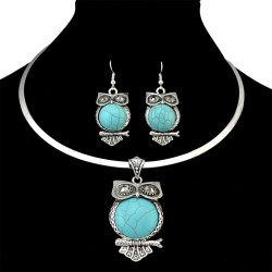 N-6333 Bohemian Silver Fashion Necklaces Inlay Natural Turquoise Owl Shape Pendant Necklace Earrings For Women Jewelry Set