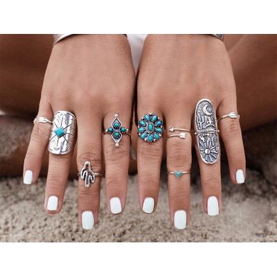 R-1384 Boho Vintage Gypsy Silver Joint Knuckle Nail Midi Finger  Ring Turquoise Ring Set of 9 Rings