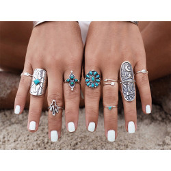 R-1384 Boho Vintage Gypsy Silver Joint Knuckle Nail Midi Finger  Ring Turquoise Ring Set of 9 Rings