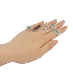 R-1385 bohemian Vintage style Gypsy Silver & gold plated Joint Knuckle Nail Midi Finger  Ring Turquoise Ring Set of 8 Rings