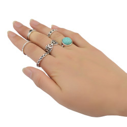 R-1382 6Pcs/set Bohemian Turkish Silver Alloy Natural Turquoise Finger Nail Midi Rings  Hollow out  Knuckle Rings For Women Jewelry