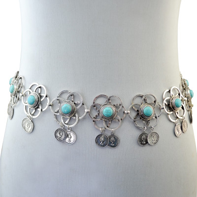 N-6337 Bohemian Fashion Women Silver Plated Chain Biniki waist belly Turquoise  Beach Waist  Body Chain