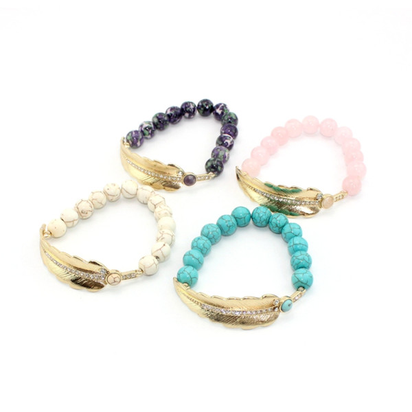 B-0773 bohemian Fashion style Gold Plated leaf shape wit crystal Bracelet  Turquoise Beads Bangle Bracelet Jewelry for Girl&Women