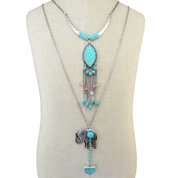 N-6355 Bohemian Vintage Long Double Chain Fringe Necklace Enamel Moon Tassels Beaded Elephant Turquoise Pendant Necklace