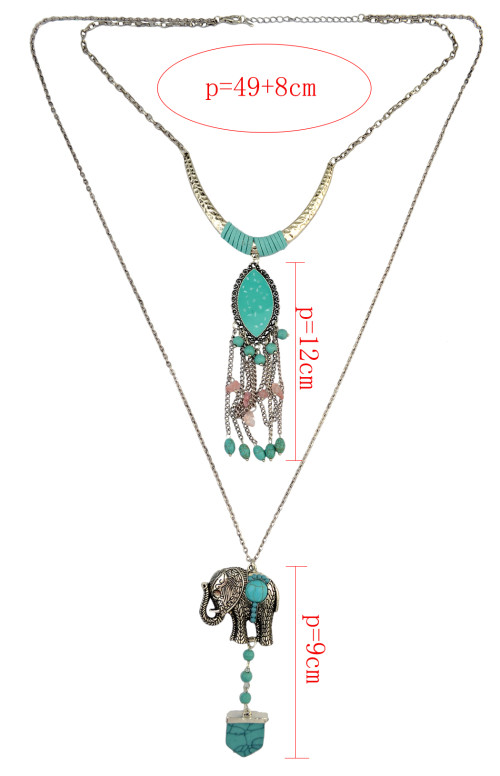 N-6355 Bohemian Vintage Long Double Chain Fringe Necklace Enamel Moon Tassels Beaded Elephant Turquoise Pendant Necklace