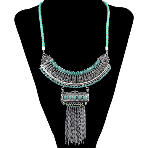 N-6359 Bohomian Fashion Silver Gold Pendant & Necklace Natural Turquoise Long Tassel Chain Necklaces Women Jewelry