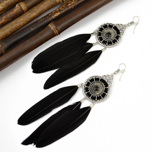 E-3834 Bohemian Fashion Jewelry Hallow Out Drop Leaves Feather Dangle Hook Earrings for Women 2 Colors