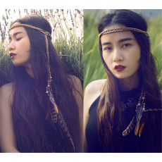 F-0341 Bohemian Handmade Retro Style Rope Chain Natural Stone Feather Tassel Headdress  Hairband Accessory