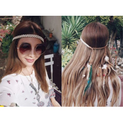 F-0343 Bohemian Handmade Headband Weave Rope Chain Wooden Beaded Feather Tassel Headdress Hairband Women Jewelry