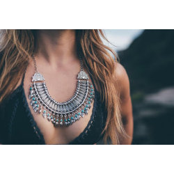 N-5026 Bohemian Fringe Carving Flower Collar Statement Necklace, Boho, Gypsy, Antalya, Ebony, Silver, Festival, Coachella, Turkish, India, Itor, Ethnic