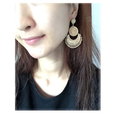 E-3845 Bohemian Antique Gold Silver Fashion Earrings Moon Shape Carved Flower Earrings For Women Jewelry