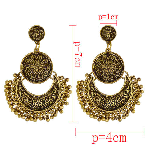 E-3845 Bohemian Antique Gold Silver Fashion Earrings Moon Shape Carved Flower Earrings For Women Jewelry