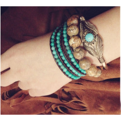 B-0735 Bohemia Vintage Antique Silver Gold Turquoise Leaf Shape Openable Cuff Bangle Bracelets