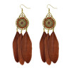 E-3834 Bohemian Fashion Jewelry Hallow Out Drop Leaves Feather Dangle Hook Earrings for Women 2 Colors