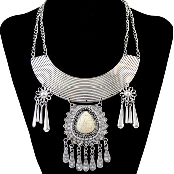 N-5440 Bohemian style silver plated crescent big gem stone pendant tassel necklace