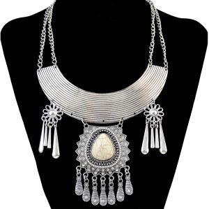 N-5440 Bohemian style silver plated crescent big gem stone pendant tassel necklace