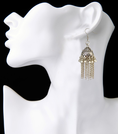 E-3840 Fashion Women' s Silver Plated Carved Flower Shape  and Hap Shape Dangle Long Tassel Beads Hook Earring