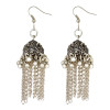 E-3840 Fashion Women' s Silver Plated Carved Flower Shape  and Hap Shape Dangle Long Tassel Beads Hook Earring