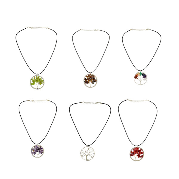 N-6387 6 Colors Fashion Black Leather Chain Pendant Round Natural Stone Choker Necklace Women Jewelry
