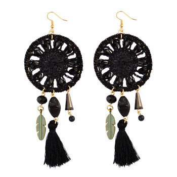 E-3850 Pure Handmade Exaggerated Big Long Drop Earring Gemstone Beads Rope Chain Tassel Leaf Earrings 2 Colors