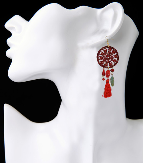 E-3850 Pure Handmade Exaggerated Big Long Drop Earring Gemstone Beads Rope Chain Tassel Leaf Earrings 2 Colors