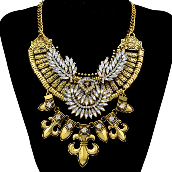 N-5491 New Design Gypsy Exaggerate Rhinestone Leaves Necklace Vintage Jewelry Gold Silver Chain Big Acrylic Flower Pendant Statement Necklace