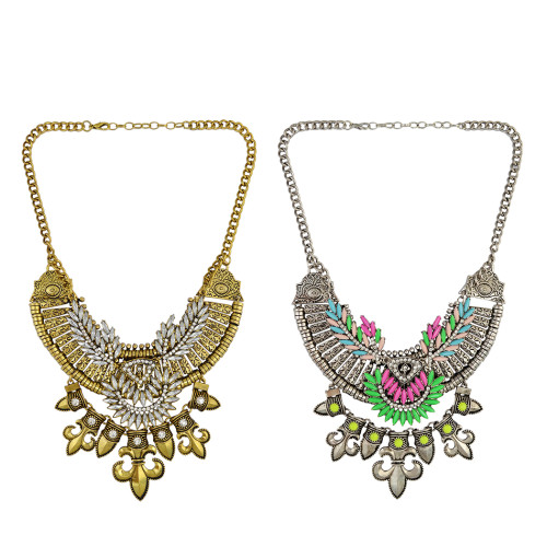 N-5491 New Design Gypsy Exaggerate Rhinestone Leaves Necklace Vintage Jewelry Gold Silver Chain Big Acrylic Flower Pendant Statement Necklace