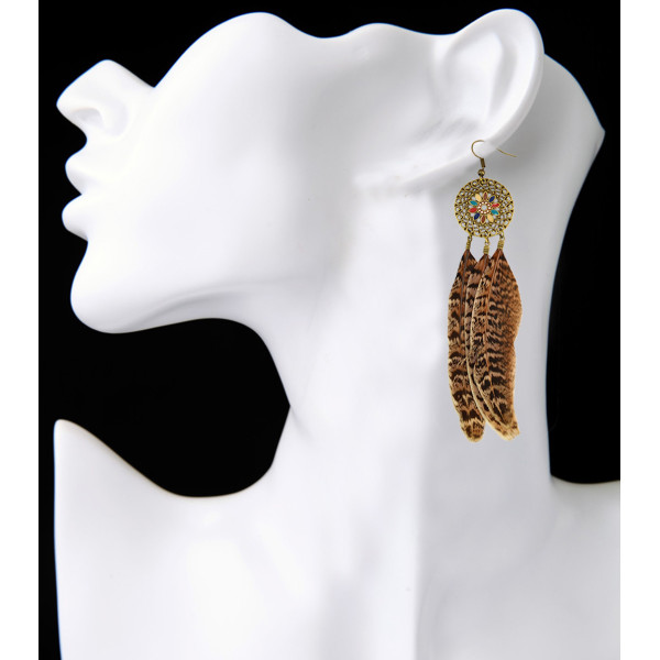 E-3854 bohemian vintage style gold plated round shape with flower feather tassel earrings for women jewelry