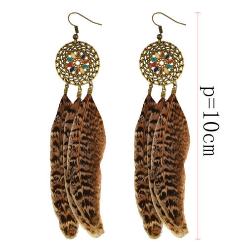 E-3854 bohemian vintage style gold plated round shape with flower feather tassel earrings for women jewelry