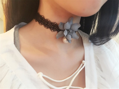 N-6384 Korea Fashion Handmade White Black  Lace Pearl Flower Bib Necklace for Gril