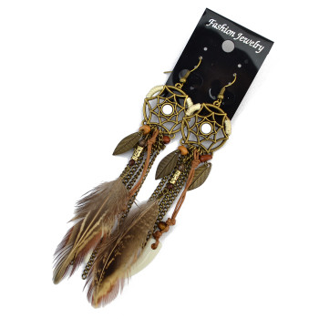 E-3855 Vintage Antique Silve Plated  Fashion Long Tassel Feather Resin Beads Drop Earrings  Fish Hook  Earrings For Women Jewelry