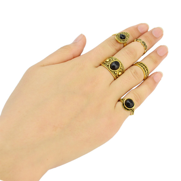 R-1390 Vintage Gold /Silver Plated Black Turquoise Gypsy Joint  Fashion 5 pcs Midi Finger Rings Set Jewelry