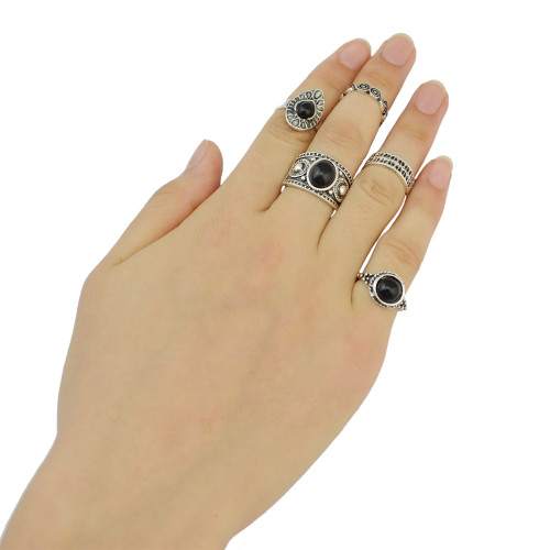 R-1390 Vintage Gold /Silver Plated Black Turquoise Gypsy Joint  Fashion 5 pcs Midi Finger Rings Set Jewelry