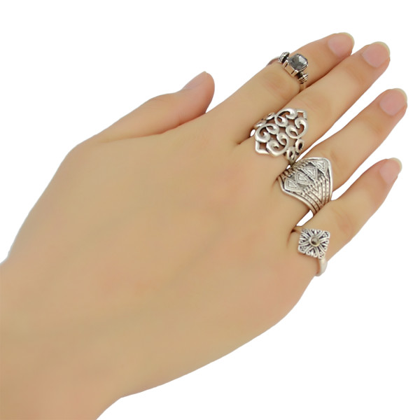 R-1389 bohemian Vintage Gold /Silver Plated Turquoise Gypsy Fashion style 4 pcs Midi Finger Rings Set Jewelry