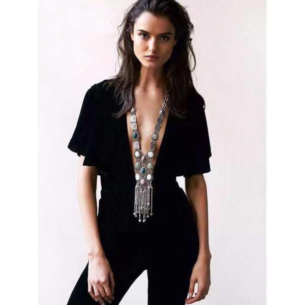 N-6391 Vintage Silver Gold Plated Chain Turquoise Bead Opal Stone Long Tassel Pendant Statement Necklace for Women
