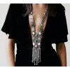 N-6391 Vintage Silver Gold Plated Chain Turquoise Bead Opal Stone Long Tassel Pendant Statement Necklace for Women