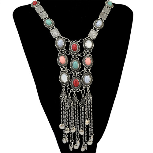 N-6391 Vintage Silver Gold Plated Chain Turquoise Bead Opal Stone Long Tassel Pendant Statement Necklace for Women