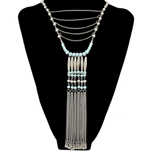 N-6417 3 Colors Bohemian Fashion Necklace Crystal Beaded Copper Pipe Tassel Chain Pendant Necklaces Women Jewelry