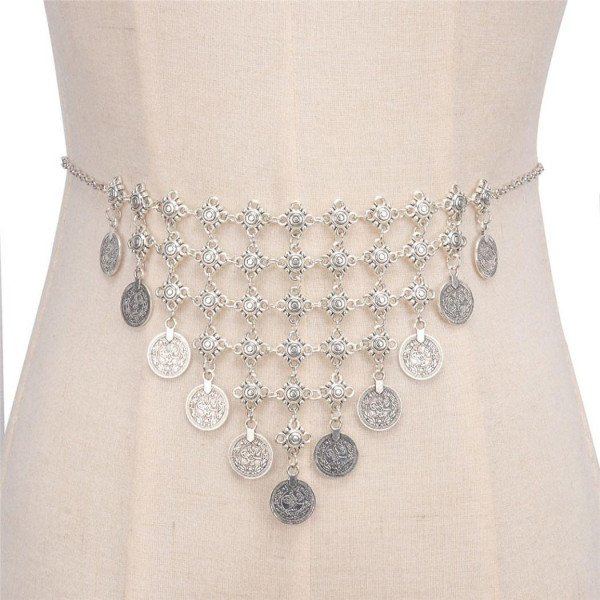 N-6401 Bohemian vintage silver plated coin tassel body chain Necklace with long chain for Women Jewelry