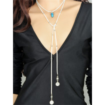 N-6403 Handmade Long Black Chain natural turquoise Leather Chain Pendants Necklaces Jewerly